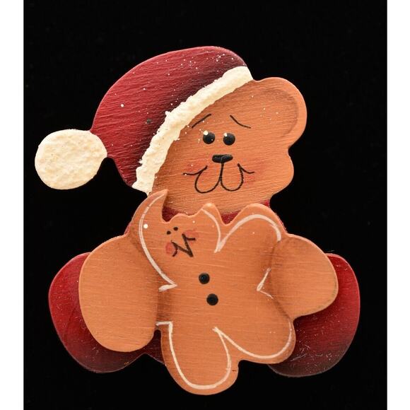 Vintage Teddy Bear Pin Brooch Painted Wooden Cutout Christmas Holiday 90s BinBA - Picture 1 of 12